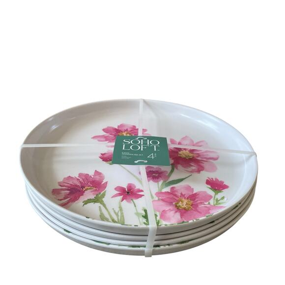 Soho Loft Pink Floral Melamine Dinner Plates 11in Set of 4 Spring NEW - Picture 4 of 15